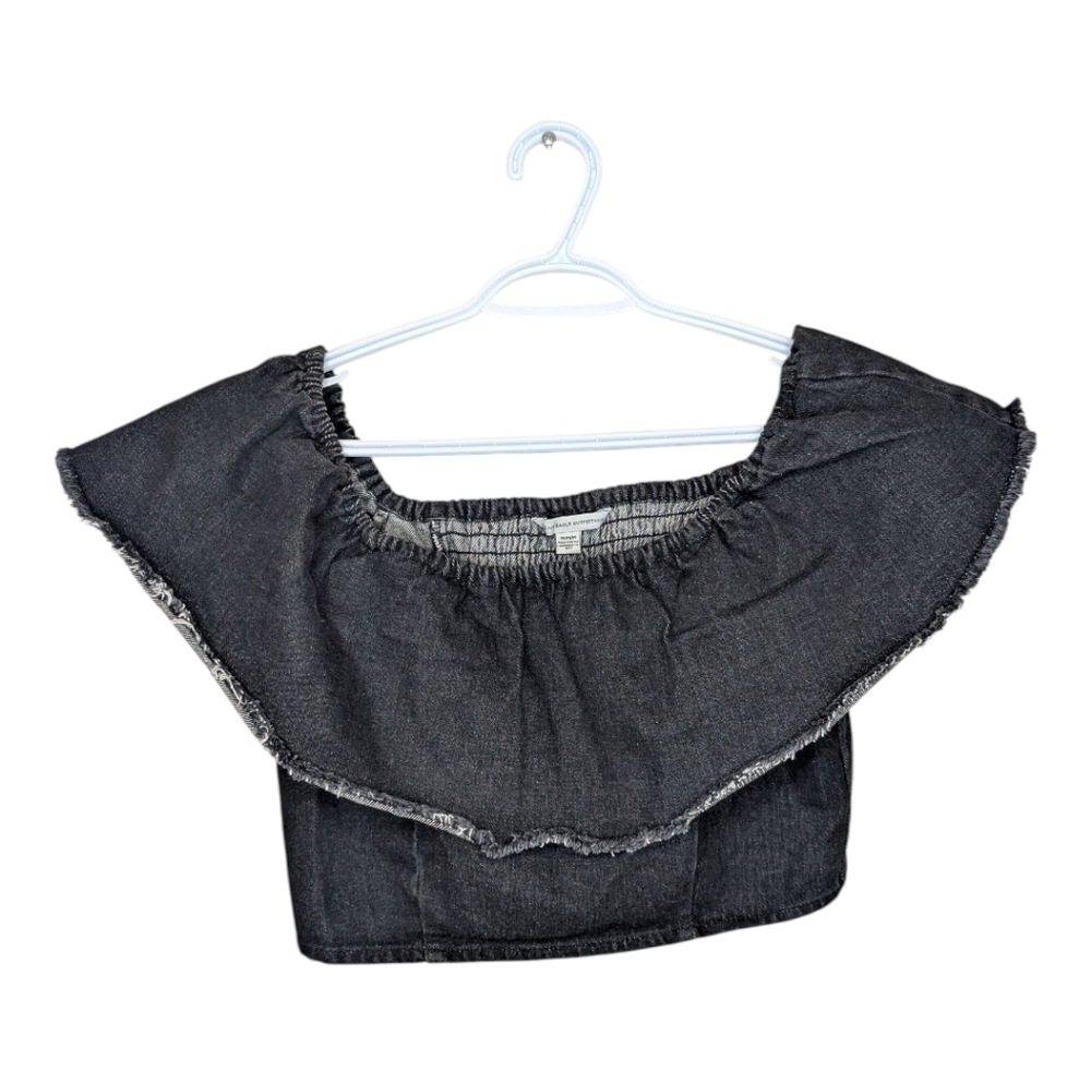 American Eagle Black Denim Fringe Off Shoulder Cropped Top Medium
